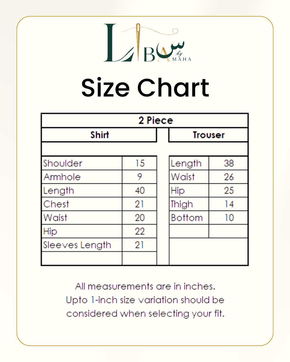 Ruby Chunri 2 Piece Size Guide